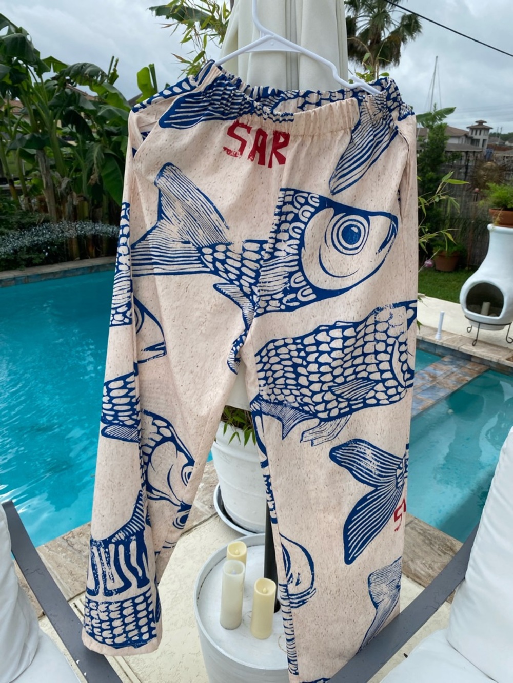 Hand-Printed Fish Print Lounge Pants in Blue and Cream
